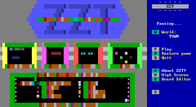 An early build of Reconstruction of ZZT displaying the default game world, Town of ZZT. Many board elements do not look correctly, but the layout matches.