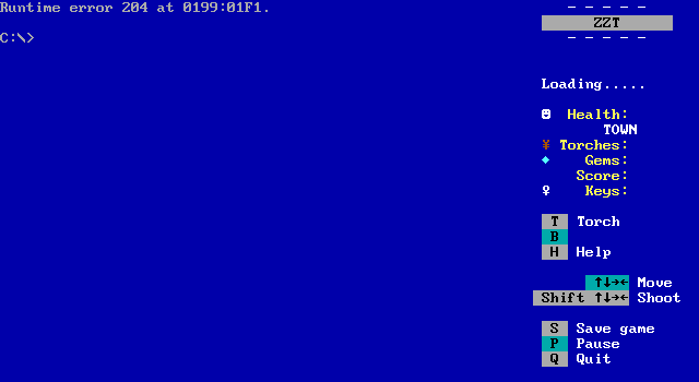 An early build of Reconstruction of ZZT crashing shortly after starting with a runtime error.
