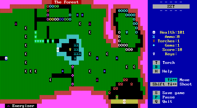 An early build of Reconstruction of ZZT displaying the default game world, Town of ZZT, a few boards in. There are some omissions and incorrectly displaying elements.