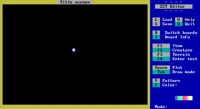 An early build of Reconstruction of ZZT in the editor. Some UI elements are missing, and the &ldquo;Save&rdquo; option is not colored correctly.