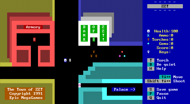 ZZT 3.2 on the initial board of the pack-in world, Town of ZZT.