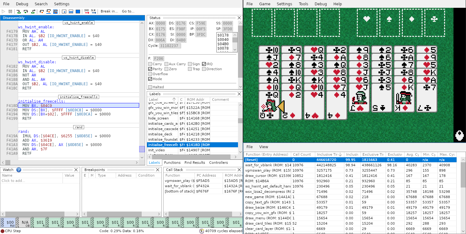 Mesen 2 emulator running the Wondercell homebrew game in its WonderSwan core, with the debugger and profiler open.