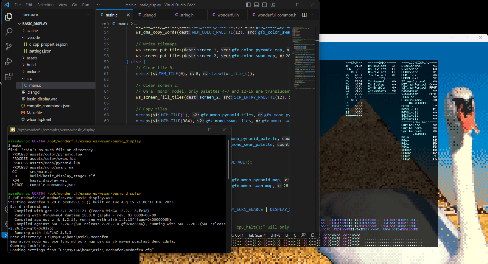 Visual Studio Code (top left), a terminal window showing the compilation process (bottom left) and the Mednafen emulator showcasing an example program (right, obscured).